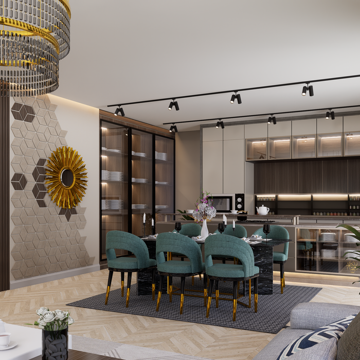 A modern dining area showcasing luxury design elements with green chairs and geometric wall decor.